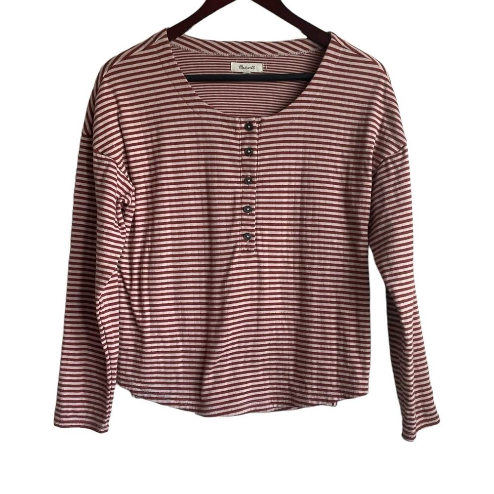 Madewell‎ Women Top S Red Tan Striped 1/4 Button Popover Soft Rustic Western